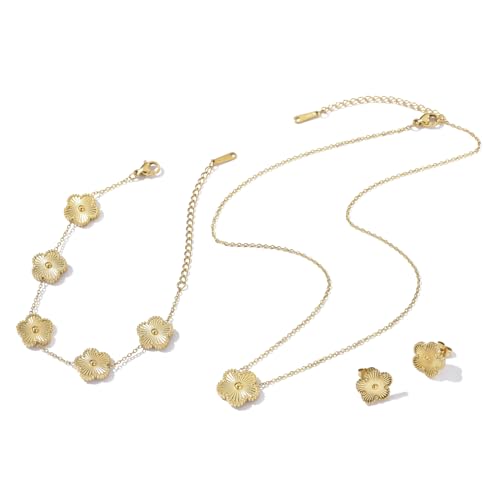 Clover Neckalce Earring Set for Women 14K Gold Plated Stainless Steel Four Leaf Clover Jewelry Set - color: Gold
