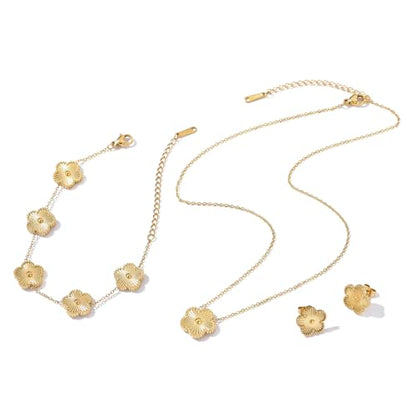 Clover Neckalce Earring Set for Women 14K Gold Plated Stainless Steel Four Leaf Clover Jewelry Set - color: Gold