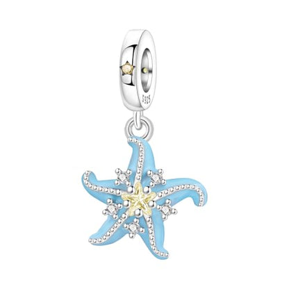 925 Sterling Silver Charms Bead for Bracelets Necklaces, Star Moon Crescent Sun Solar Pendent, Blue Ocean Starfish Shells Turtle Crab Starry Sea Cute Jewelry Birthday Gifts for Women Men - style: Starfish charms