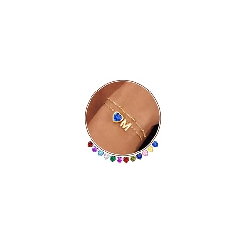 14K Gold Plated Heart Initial Birthstone Gold Bracelets for Women | Dainty Heart Letter A-Z Charm Layered Bracelets Birthday Trendy Jewelry Gifts for Women - color: M