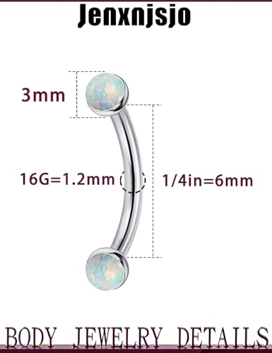 Jenxnjsjo F136 Titanium 16g 6/8/10mm Opal Eyebrow/Rook/Snug/Vertical-Labret/VCH/Snake-Eyes/Anti-Tragus/Christina/Daith/Belly-Button/Bridge/Hood/Surface Curved Barbell Piercing Jewelry for Women Men - color: White Opal, size: 6mm
