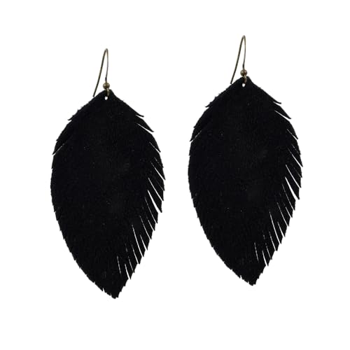 Handmade Genuine Leather Earrings for Women – Long Teardrop Boho Dangles, Lightweight Statement Fashion Jewelry - style: Autumns-Black
