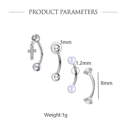 4Pcs 16G Stainless Steel Eyebrow Ring for Women Rhinestone Heart Star Wing Cross Pearl Curved Barbell Tiny Eyebrow Ring Rook Cartilage Piercing Jewelry - style: Heart