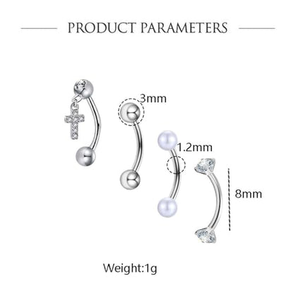 4Pcs 16G Stainless Steel Eyebrow Ring for Women Rhinestone Heart Star Wing Cross Pearl Curved Barbell Tiny Eyebrow Ring Rook Cartilage Piercing Jewelry - style: Wing