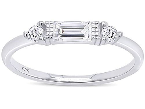 3 Stone Stackable Ring for Women with Birthstone And White Cubic Zircionia | Dainty Minimalist Ring In 14K Gold Over Sterling Silver - color: White Gold : Cubic Zirconia