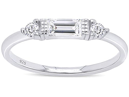 3 Stone Stackable Ring for Women with Birthstone And White Cubic Zircionia | Dainty Minimalist Ring In 14K Gold Over Sterling Silver - color: White Gold : Cubic Zirconia