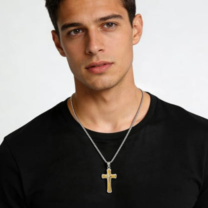 Men's Cross Necklace 316L Stainless Steel Large Heavy Cross Pendant for Men Polished Jewelry Rolo Chain with 22'' 24'' 26'' - color: D-silver and gold-tone, size: 24 inch