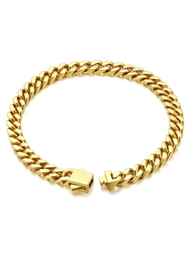Bandmax Mens Hip Hop Cuban Link Bracelets 5/7/9/12MM Stainless Steel Miami Curb Chain Bracelet Silver/Gold Plated/Black Wristlet Chains for Men 7"-9" - color: 03 5MM-Gold