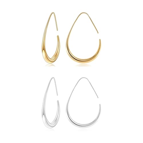 2 Pairs Gold/Silver Hoop Earrings For Women Set Trendy,14K Plated Gold Chunky Huggie Hoop Earings Pack,Oval Twisted Statement Silver Hoops,Fashion Jewelry Gift - color: 1) oval hoop