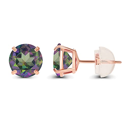 Solid 14K Yellow or White or Rose Gold 6mm Round Genuine Birthstone Gemstone Prong Set Stud Earrings For Women - color: Mystic Green Topaz