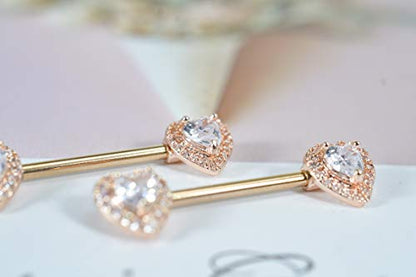 HQLA 14G Dainty CZ Love Heart Nipple Rings Tongue Ring Surgical Steel Nipple rings Piercing Women Barbells 2Pcs 25/8"(16mm) - style: Rose Gold
