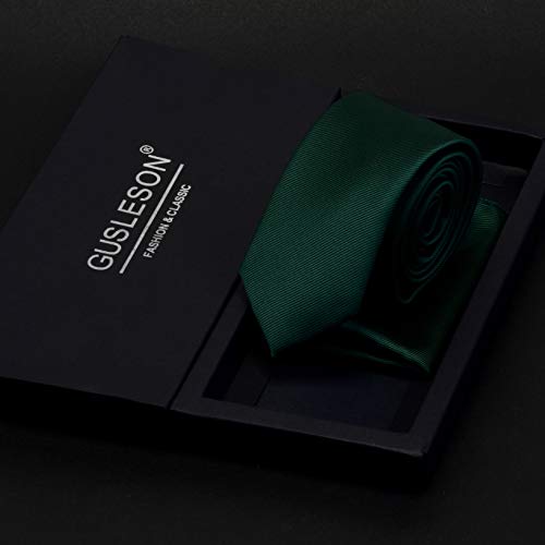 GUSLESON 2.4" Slim Necktie and Handkerchief Set For Men Solid Skinny Tie Set - color: Green