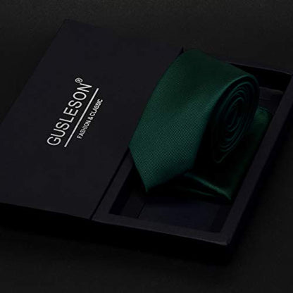 GUSLESON 2.4" Slim Necktie and Handkerchief Set For Men Solid Skinny Tie Set - color: Green
