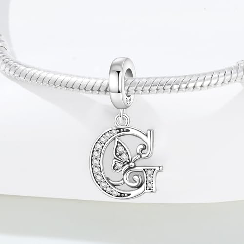 2 Pack 925 Sterling Silver Butterfly Letter Charms for Bracelets and Necklace Alphabet Initial Dangle Pendants Round Spacer Beads Pave Cubic Zirconia Jewelry Gift for Women - color: G Set