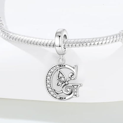 2 Pack 925 Sterling Silver Butterfly Letter Charms for Bracelets and Necklace Alphabet Initial Dangle Pendants Round Spacer Beads Pave Cubic Zirconia Jewelry Gift for Women - color: G Set