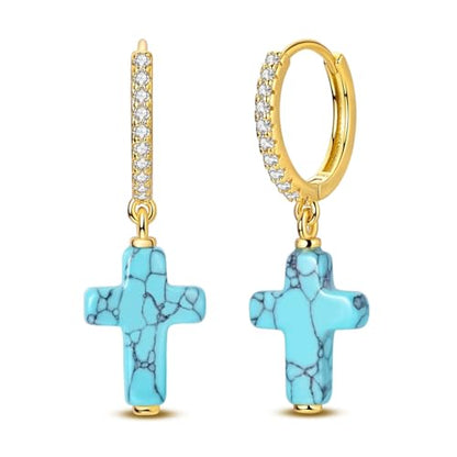 925 Sterling Silver Dangle Whale Shark Butterfly Bow Earrings for Women | Hypoallergenic Huggie Hoop Drop Cross Earrings for Sensitive Ears, Cubic Zirconia Statement Trendy Jewelry Birthday Gifts - color: Turquoise Cross Earring