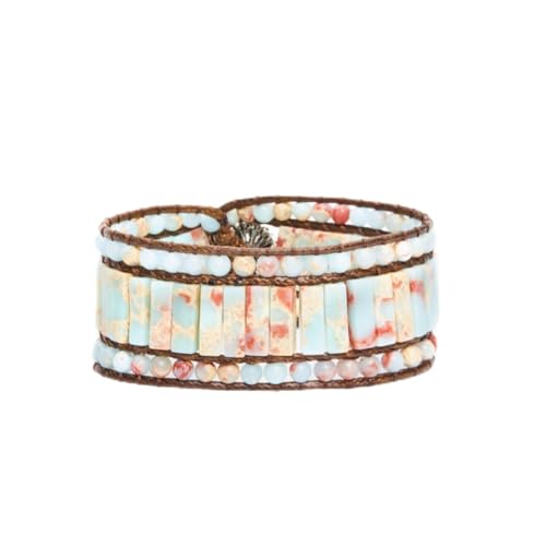 YGLINE Boho Handmade Natural Stone Bead 3 Row Wide Wrap Wrist Statment Bracelet Jewelry Collection - color: new-Agalmatolite