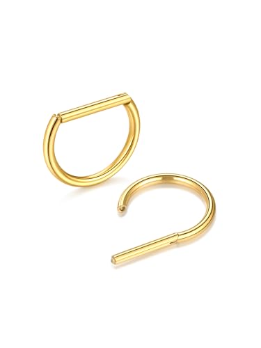 Oveta Titanium D Shaped Nipple Rings 14G for Nipple Piercing Jewelry Higned Segment Clicker Cartilage Hoop Earring 12mm 14mm 16mm for Women Men, Silver/Gold/Black, 2PCS - color: Gold No CZ, size: 11mm Bar