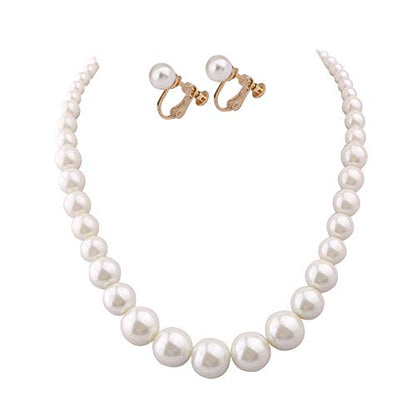 Handmade Faux Pearl Necklace and Clip on Earrings Jewelry Sets for Women Bib Choker Collar Necklace - color: 40cm Necklace+Clip Earrings