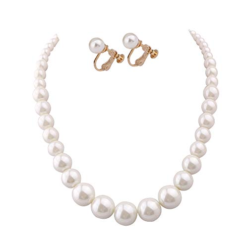 Handmade Faux Pearl Necklace and Clip on Earrings Jewelry Sets for Women Bib Choker Collar Necklace - color: 40cm Necklace+Clip Earrings