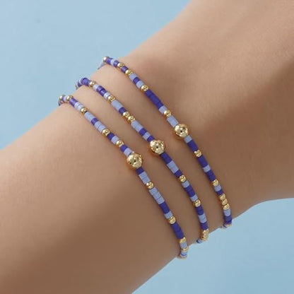 Colorful Gold Beaded Bracelets for Women Boho Tiny Gold Plated Ball Stretch Stackable Small Seed Beads Bracelet Stack Trendy Jewelry Set Dainty Vacation Friendship Christmas Gifts for Women - color: Blue