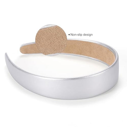 WantGor 1 Inch PU Leather Headband, Wide Padded Hairband Fashion Hair Bands | Cute Womens Headbands Holiday DIY Hair Accessories (Silver) - color: Silver