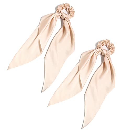 Hair Scarf Scrunchies for Women, LFOUVRE Scarf Scrunchies, 2pcs Knotted Scarf Hair Ties for Girls,Silky Satin Hair Scarf Headband, Elastic Hair Bands Ribbon Scrunchy, Ponytail Holder Hair Accessories - color: Beige