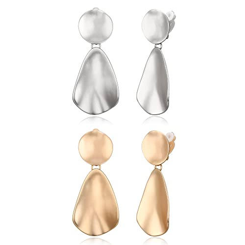 FANZE 2-3 Pairs Clip on Earrings Drop Earrings Set,Big Matte Gold Earrings Statement Earrings Jewelry Gift for Women - color: Set-2