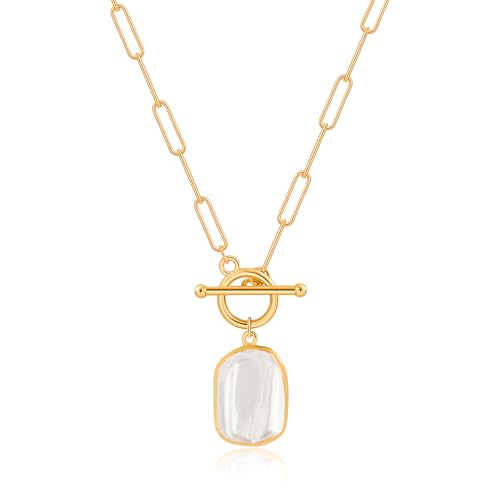 Aobei Pearl 18K Gold Plated Pendant Necklace for Women Dainty Gold Chain Choker Love Heart Disc Coin Pearl Cross Toggle Jewelry - style: Rectangle Pearl