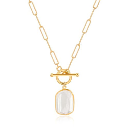 Aobei Pearl 18K Gold Plated Pendant Necklace for Women Dainty Gold Chain Choker Love Heart Disc Coin Pearl Cross Toggle Jewelry - style: Rectangle Pearl