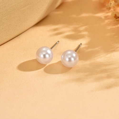 Pearl Stud Earrings for Women Gold/Silver Plated 3mm 4mm 5mm 6mm 8mm Pearl Earrings Dainty Hypoallergenic Earrings - color: White Gold, size: 8 Millimeters