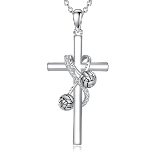 POPLYKE Cross Necklace for Women 925 Sterling Silver Cross Pendant Necklace Animal Jewelry Christmas Gifts for Women Mother Grandma - style: volleyball