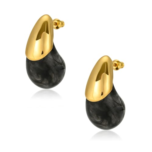 Chunky Resin Teardrop Earrings, 18K Gold Acrylic Resin Drop Hoops，Hypoallergenic Fashion Jewelry for Women,18K Gold Plated Resin Drop Earrings - color: Black
