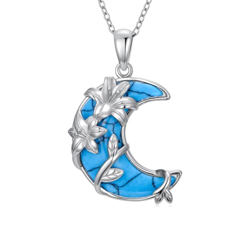 925 Sterling Silver Turquoise Moon Pendant Necklace for Women, Snake/Flower/Bow/Tree of Life/Star Moon Necklace, Dainty Jewelry for Daily Wear & Gifts - style: Style 4