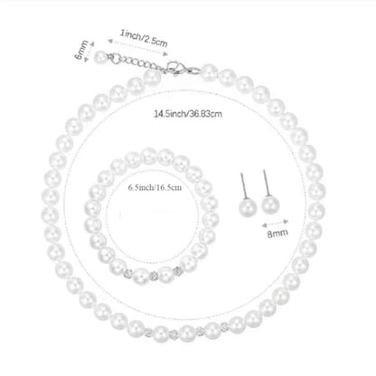 White 8mm Glass Pearls Necklace Bracelet Earring Jewelry 3 Set Wholesale for Women Little Girls - style: 14.5inch
