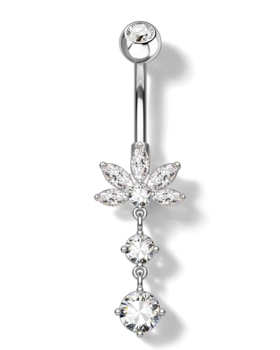 Dangle Lotus Belly Button Rings 14G Dangle Belly Navel Rings for Women Flower Belly Button Piercing - color: WG-10MM