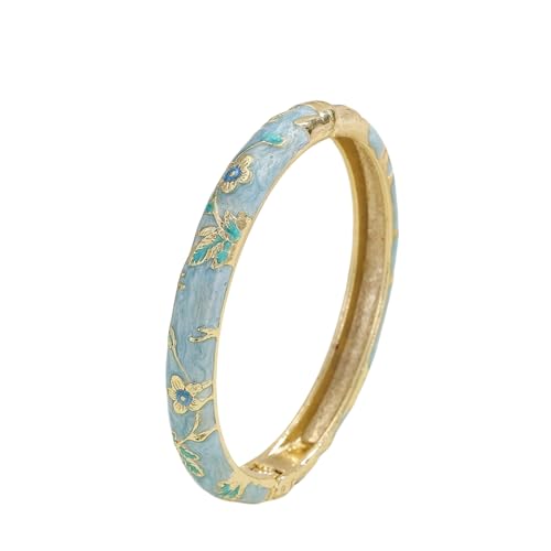 Cloisonne Bracelet For Women, Chunky Bangle Trendy Cute Flower Enamel Bangles Multi Tone Engraved Cuff Gold Plated Bracelets Stackable Wife Jewelry Friendship Gift - color: Blue