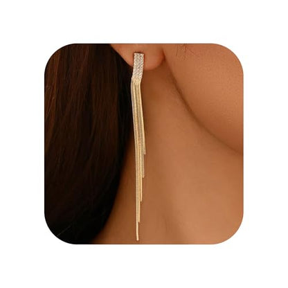 Long Dangle Earrings for Women, Tassel Chain Drop Threader Earrings | 18K Gold Plated, 925 Sterling Silver Posts, Set with cubic zirconia, Hypoallergenic, Non Tarnish, Lightweight, Red Gift Box - color: Gold