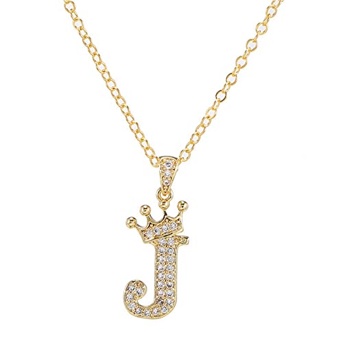 Pingyongchang Letter A-Z pendant necklace Crown letter pendant Charming initials chain necklace, inlaid crystal letter necklace - color: crown-J