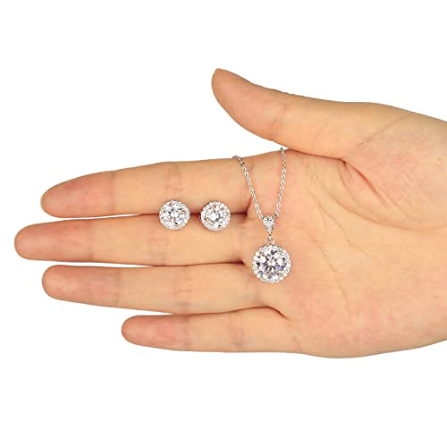 AMYJANE Halo Crystal Jewelry Set - Sterling Silver Round Cubic Zirconia Crystal Bridal Pendant Necklace Earrings Set for Wedding Bride Bridesmaids - color: Clear - Silver