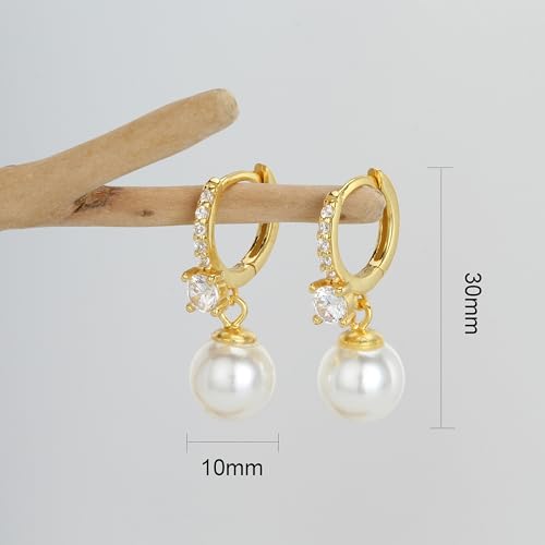 Long Pearl Earrings for Women 925 Sterling Silver Dangle Earrings | Hypoallergenic Dainty Dangle Drop Earrings, Elegant Pearl Jewelry for Bridal, Mother's Day Anniversary Birthday Jewelry Gift - color: Gold CZ
