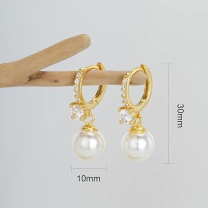 Long Pearl Earrings for Women 925 Sterling Silver Dangle Earrings | Hypoallergenic Dainty Dangle Drop Earrings, Elegant Pearl Jewelry for Bridal, Mother's Day Anniversary Birthday Jewelry Gift - color: Gold CZ