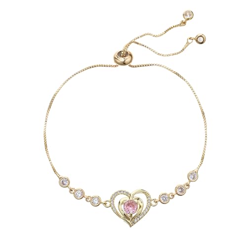 14K White Gold Plated Heart Bracelet for Women, Zircon Inlay Love Heart Charm Chain Bracelet Bangle with Adjustable Length - color: gold-pink