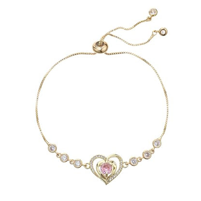 14K White Gold Plated Heart Bracelet for Women, Zircon Inlay Love Heart Charm Chain Bracelet Bangle with Adjustable Length - color: gold-pink