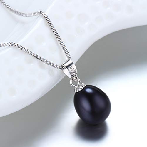 Pearl Jewelry Set For Women Pearl Pendant Necklace & Pearl Earrings with Sparkling Rhinestones 925 Sterling Silver Freshwater Pearl Drop Jewelry Set for Wedding Prom Gift - color: Silvery-Black