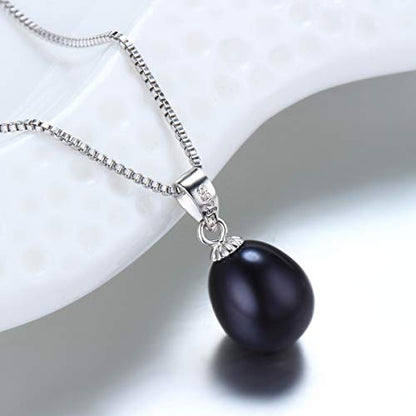 Pearl Jewelry Set For Women Pearl Pendant Necklace & Pearl Earrings with Sparkling Rhinestones 925 Sterling Silver Freshwater Pearl Drop Jewelry Set for Wedding Prom Gift - color: Silvery-Black
