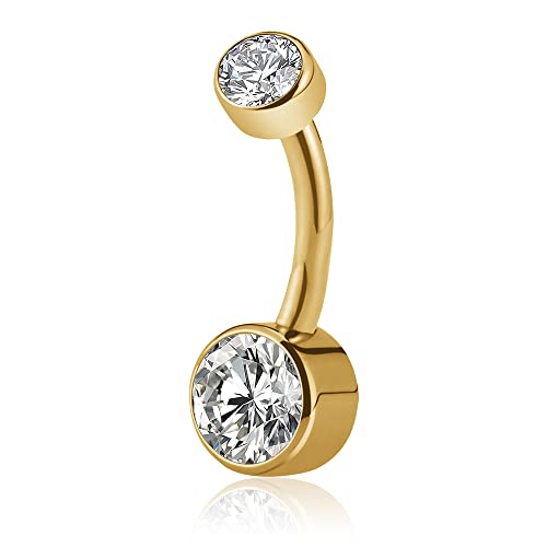 FINE4U ASTM F136 Solid Titanium Belly Button Ring 14G 8mm 10mm 12mm - Hypoallergenic Belly Piercing Jewelry with Cubic Zirconia, Short Bar Navel Piercings Gift for Women - color: Gold Clear CZ, size: 14G (1.6mm), 3/8