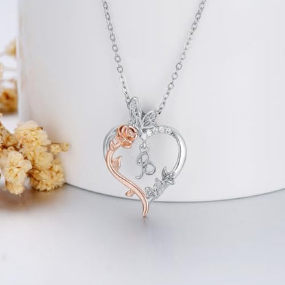 TOUPOP Gifts for Women Her 925 Sterling Silver Rose Heart Initial Necklace Butterfly Heart Jewelry Anniversary Birthday Gifts for Wife Girlfriend Mom - color: B Initial