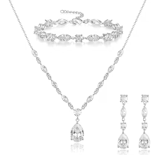 Elegant Bridal Cubic Zirconia Teardrop Pendant Necklace Drop Earrings Bracelet Brides Bridesmaids Wedding Jewelry Set for Women - color: Style1-Platinum Plated