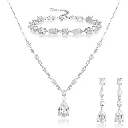 Elegant Bridal Cubic Zirconia Teardrop Pendant Necklace Drop Earrings Bracelet Brides Bridesmaids Wedding Jewelry Set for Women - color: Style1-Platinum Plated